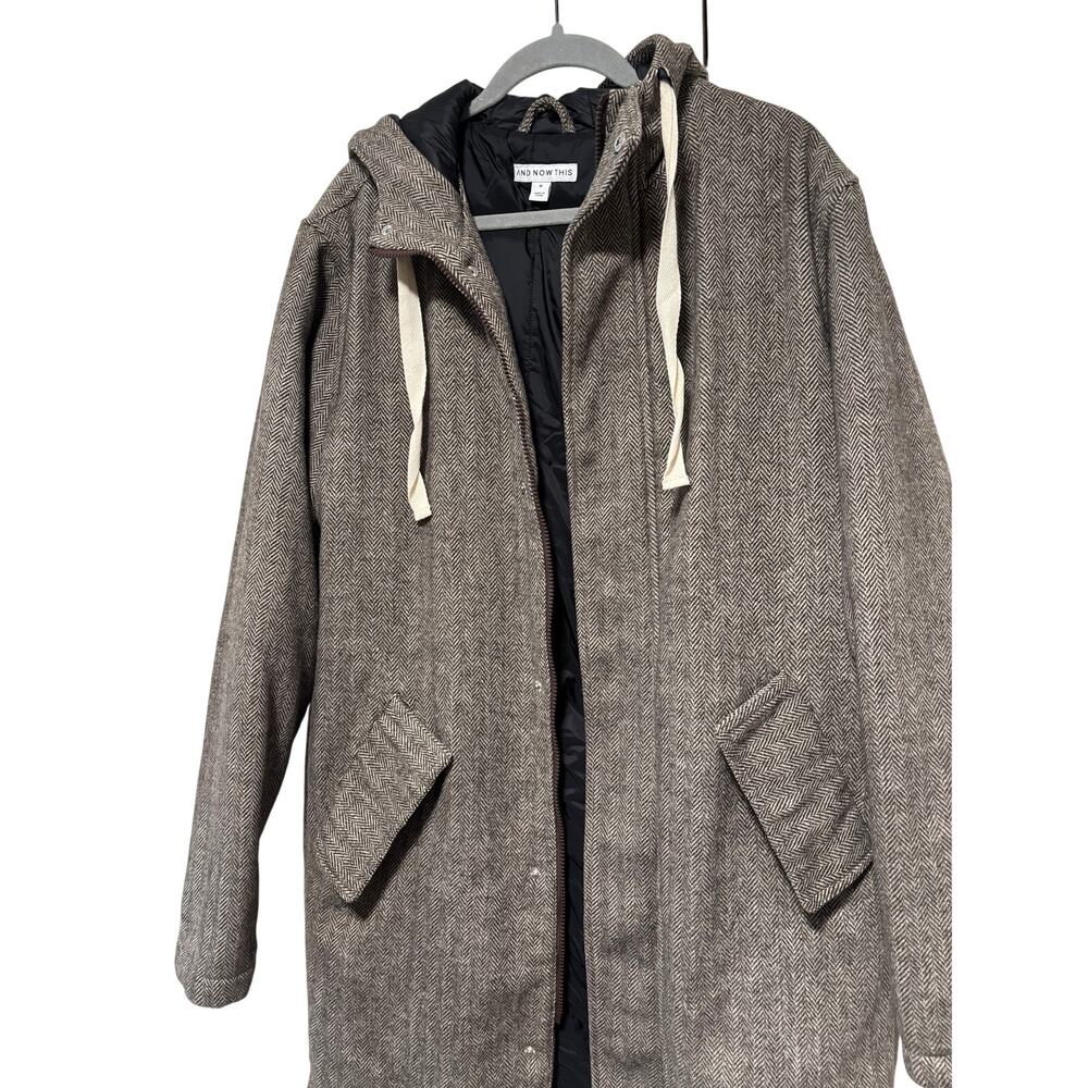And Now This Brown Herringbone Hooded Coat M - Picture 3 of 12